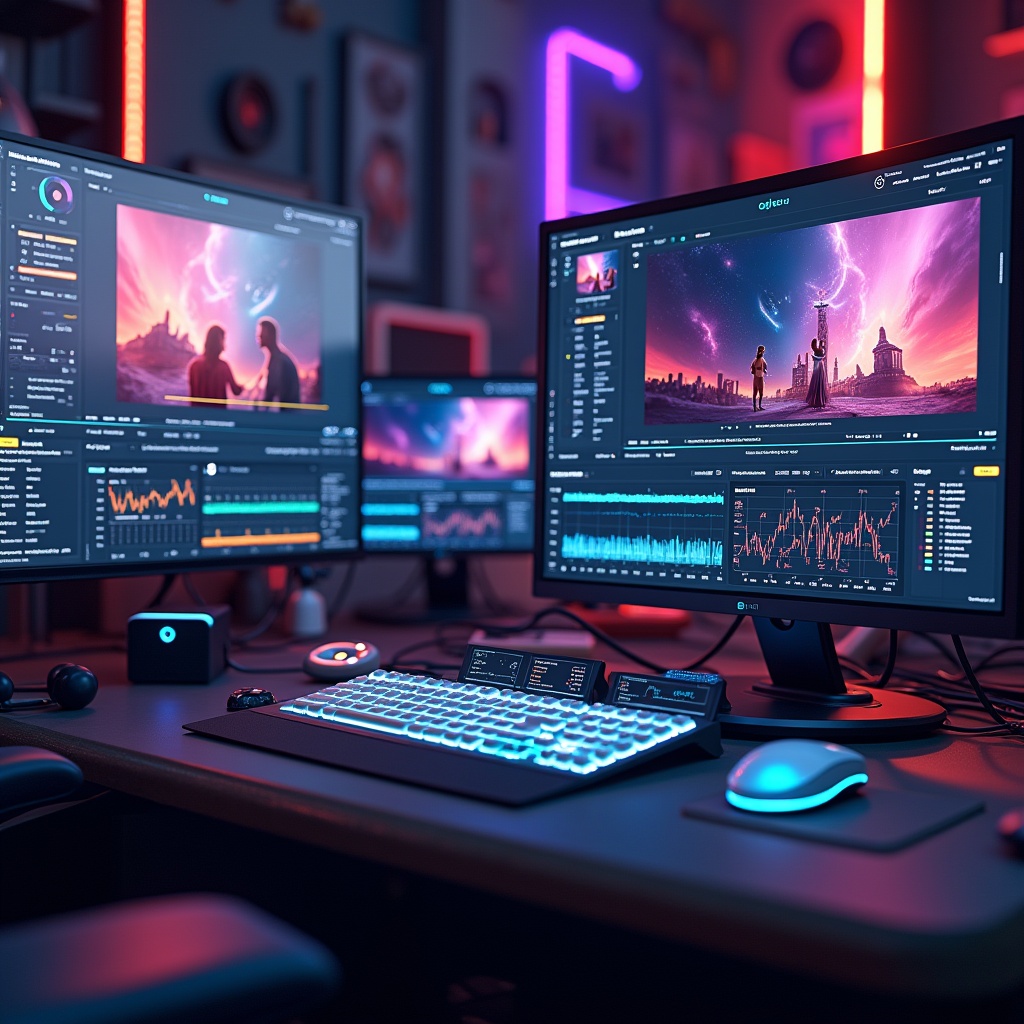 Futuristic AI video creation dashboard displaying 3D animations and real-time editing tools, vibrant colors, high-tech atmosphere, ultra-realistic, 8k quality, photorealistic