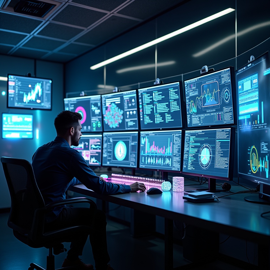 A futuristic video editing suite featuring high-tech screens displaying AI tools and interfaces, vibrant digital graphs, and a creative professional interacting with 3D holographic elements, ultra realistic, 8k quality