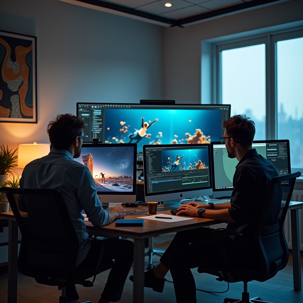 unlock - Creative team collaborating in a high-tech studio, using Cineocean AI tools on large digital screens to edit and enh