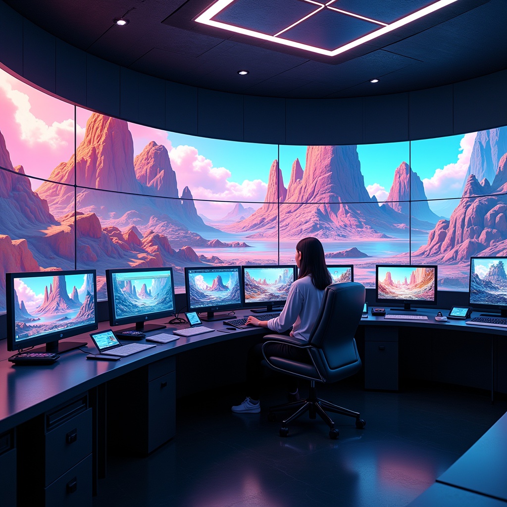 Futuristic control room with multiple screens displaying AI-generated video content, showcasing a diverse range of styles from cartoon to photorealistic, vibrant colors, high-tech ambiance