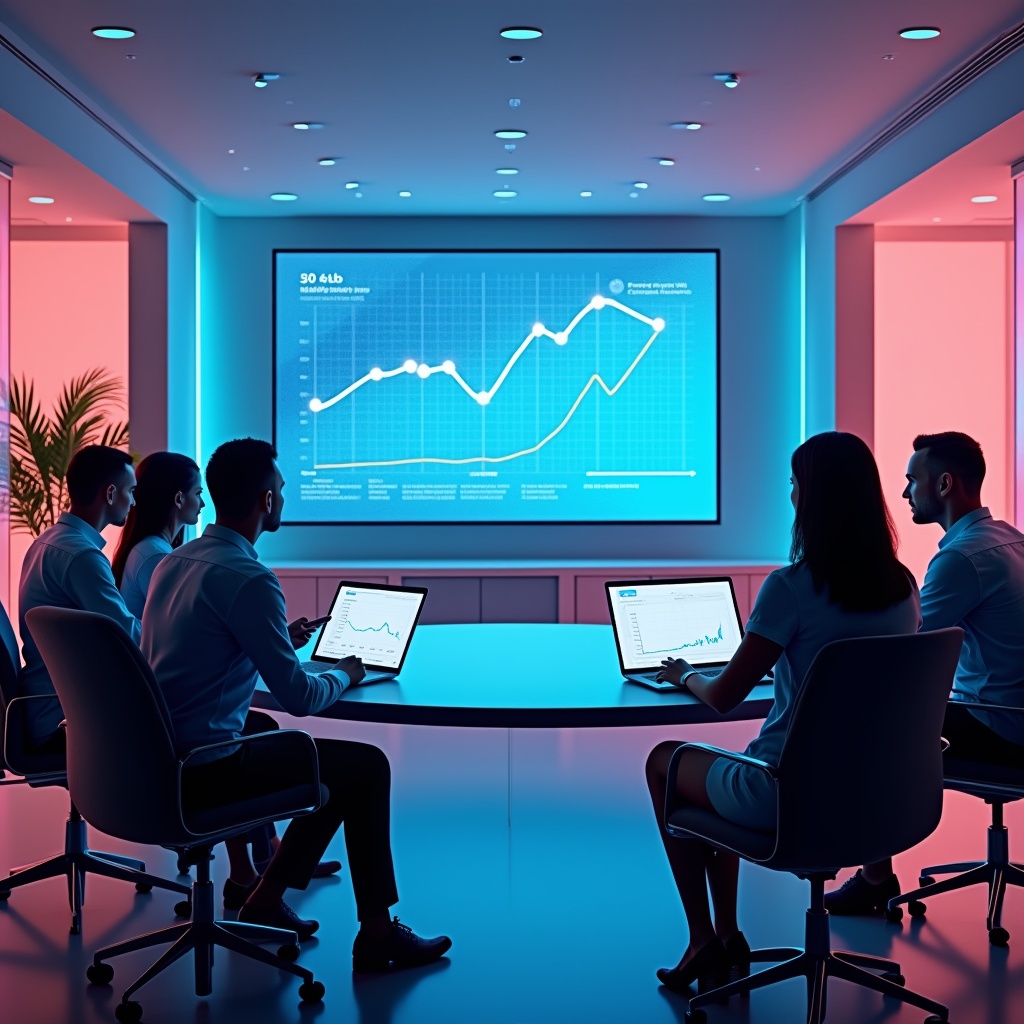 Futuristic marketing meeting room with a large digital screen displaying a graph of viewer engagement statistics, surrounded by marketing professionals using transparent digital tablets, vivid colors, modern furniture, high-tech, clean and professional environment