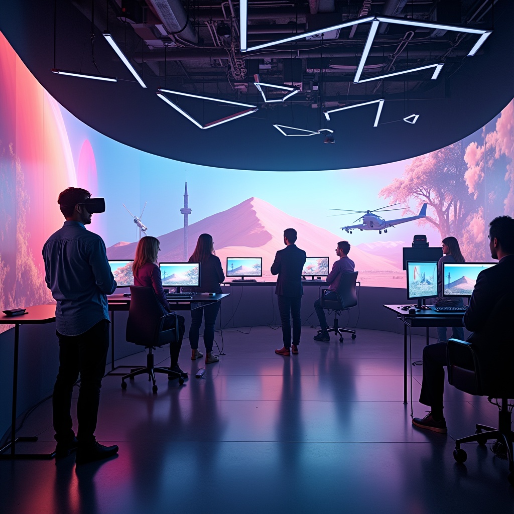 futuristic film production studio with advanced AI-driven technology, showing a team using virtual reality to simulate movie scenes, vivid colors, high-tech ambience, ultra-realistic
