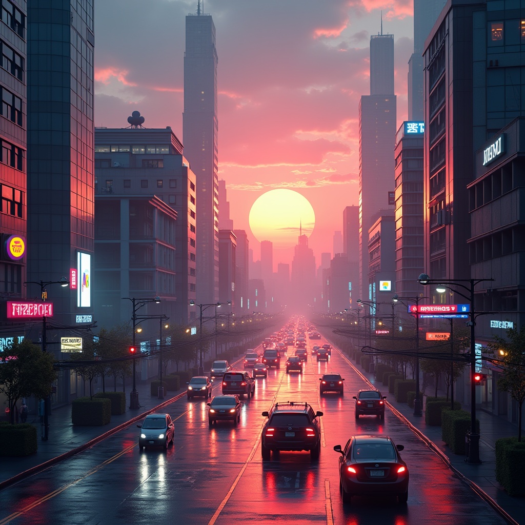 unlocking - hyper-realistic AI-generated scene depicting a futuristic cityscape at dusk, glowing neon lights, busy streets wi