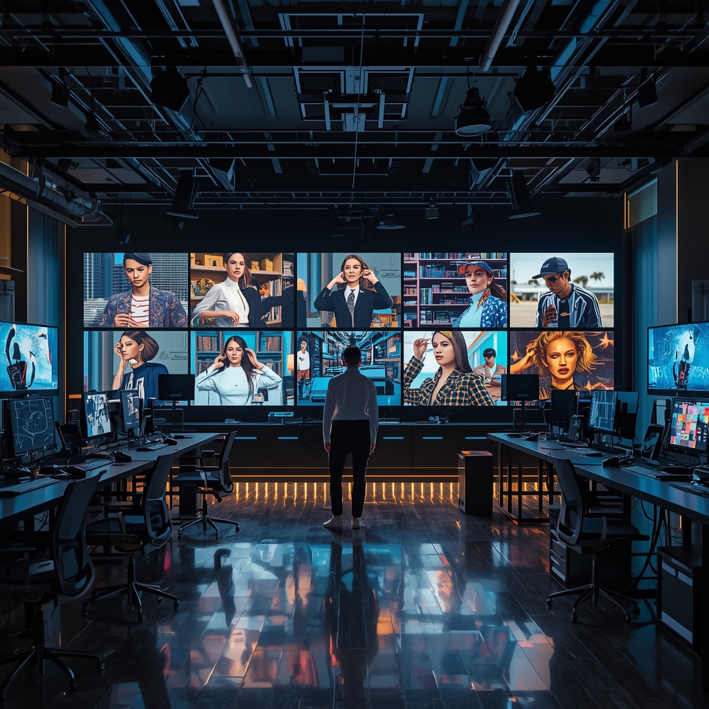 A bustling creative studio with multiple screens displaying AI-generated videos, showing diverse industries such as fashion, technology, and sports. The environment is high-tech yet artistically inspiring, with a mood of focused creativity and futuristic vibes.