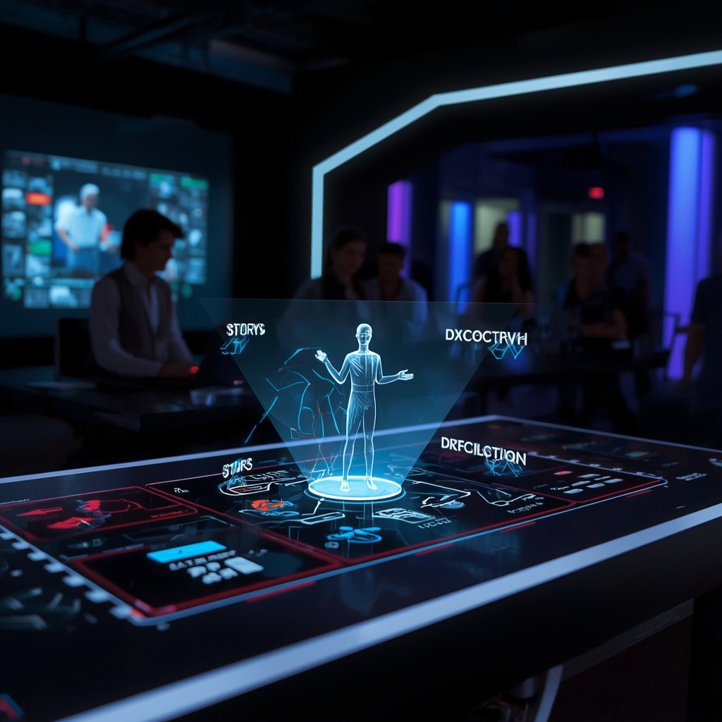 unlocking - A futuristic portrayal of an interactive video interface where users can choose different story paths. The scene