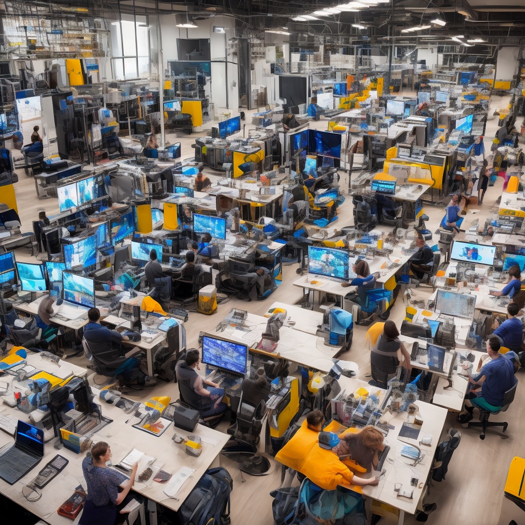 A bustling creative studio in 2026, filled with screens displaying AI-generated videos, diverse group of creators brainstorming, vibrant, modern, and technology-driven atmosphere, high-resolution
