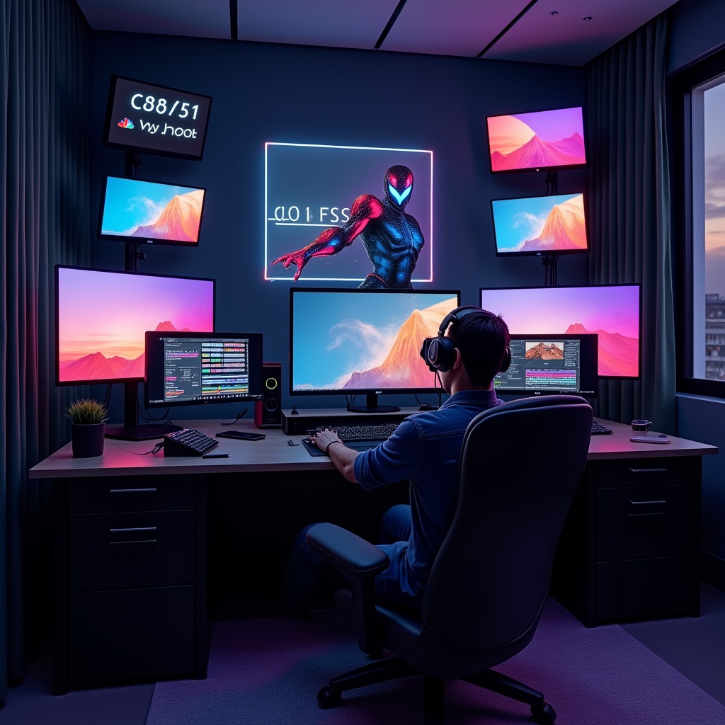 revolutionize - High-tech video editing suite using AI, featuring multiple displays with real-time rendering previews, sleek,