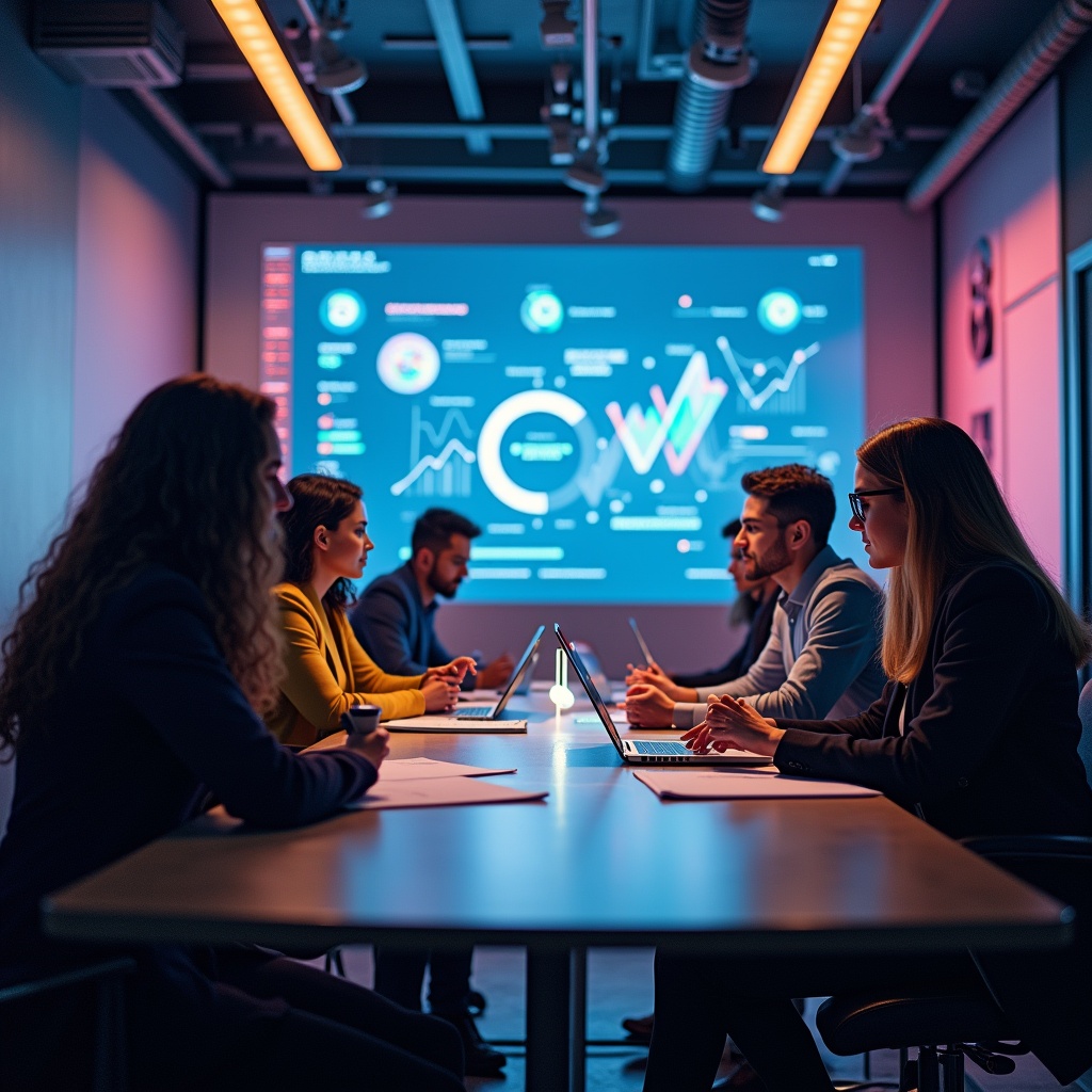 revolutionize - Futuristic brand strategy meeting with AI technology, multi-ethnic team engaged in discussion, high-tech digi