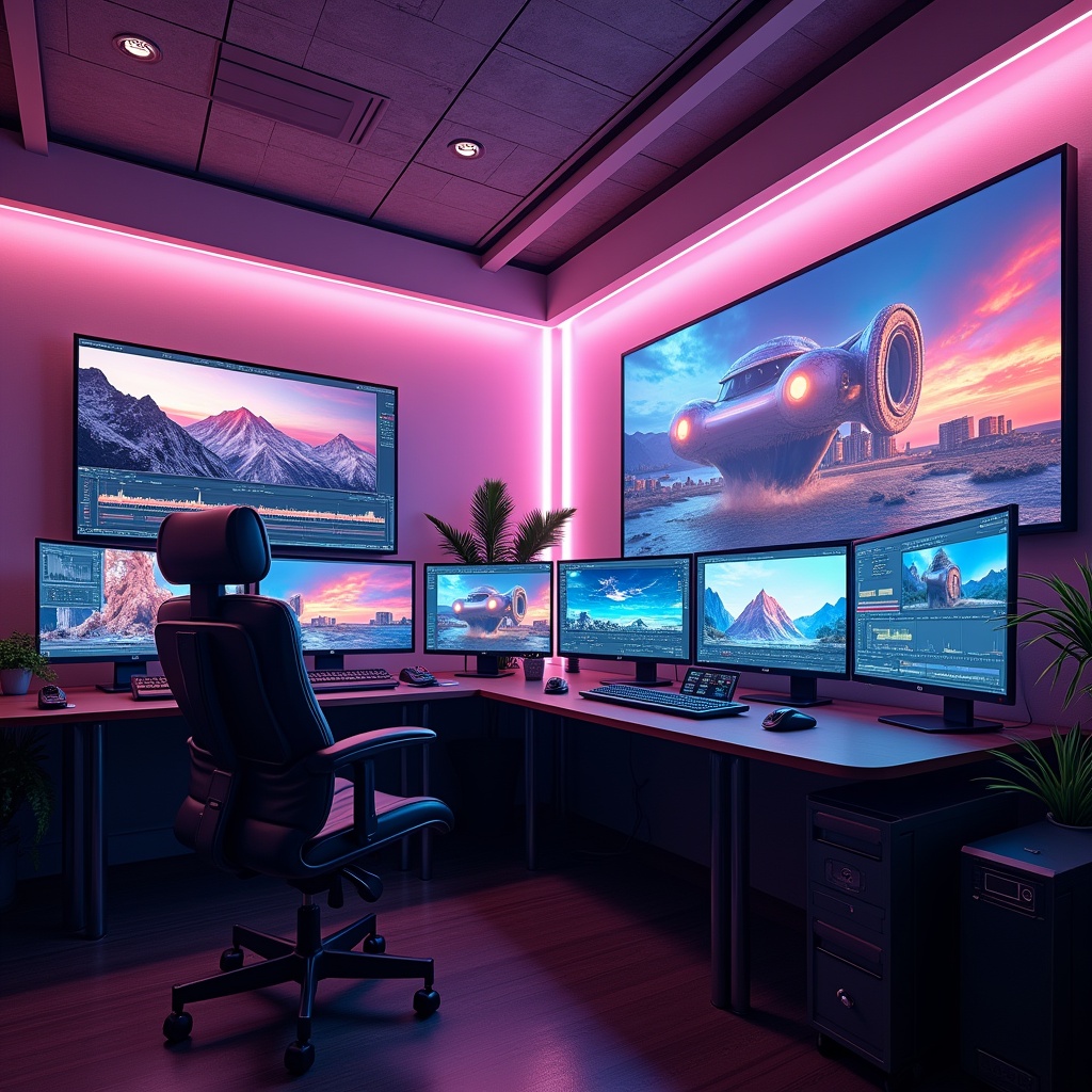 futuristic AI video editing suite with multiple screens displaying 3D animations and real-time editing, vibrant colors, and a sleek, modern design