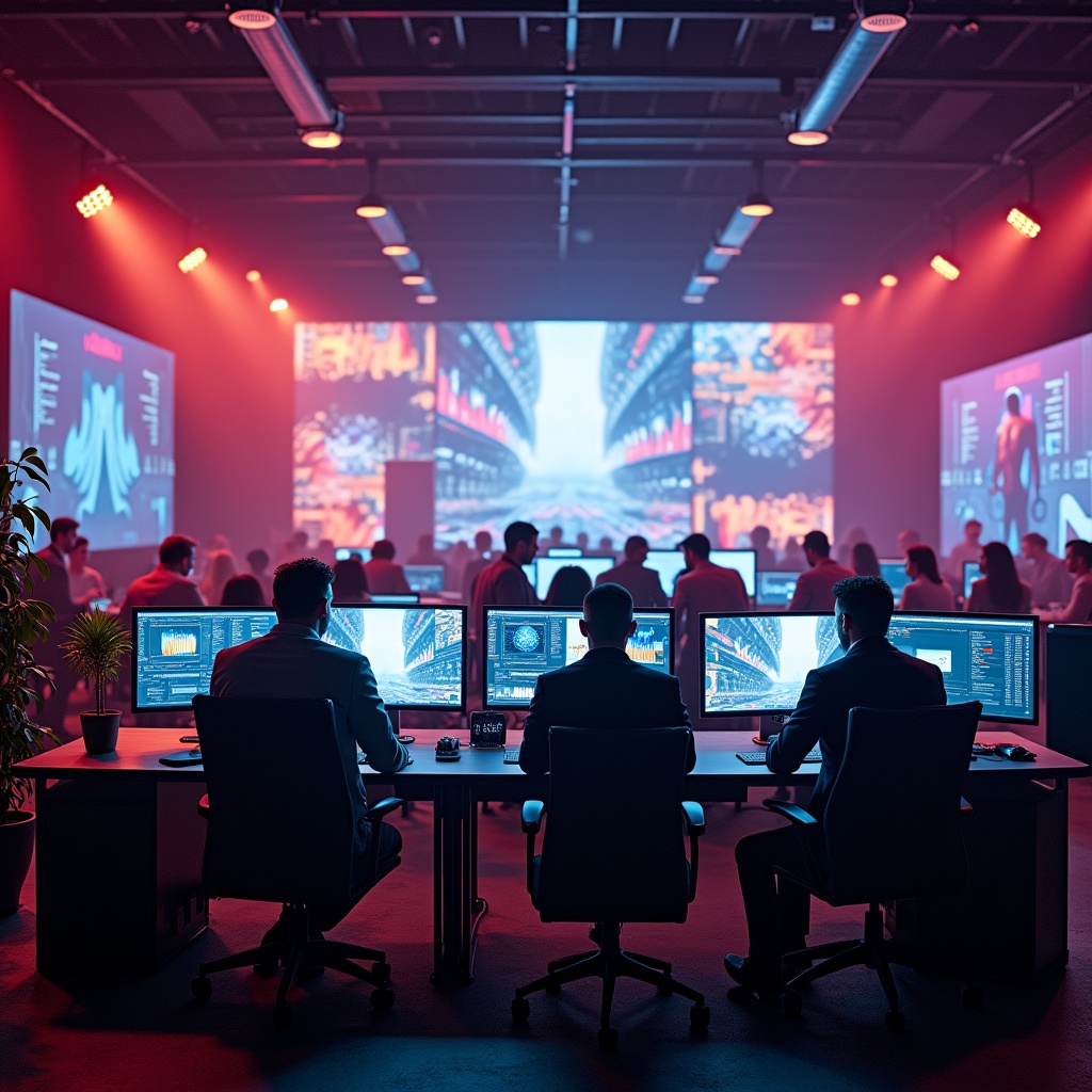 A bustling creative studio filled with diverse professionals using advanced AI tools on large monitors to edit and produce high-quality videos, showcasing a vibrant, technology-driven environment
