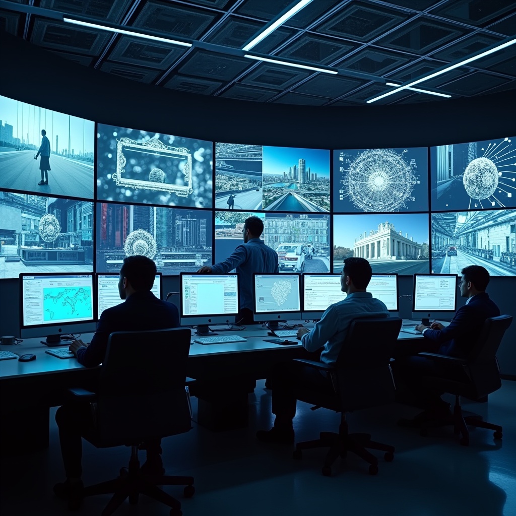 unlocking - A futuristic control room with large screens displaying advanced video analytics and AI algorithms at work, enhan