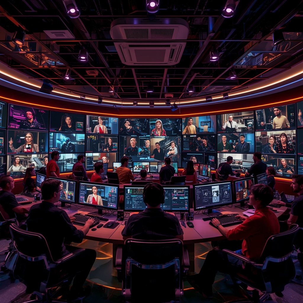 a futuristic AI video creation studio filled with high-tech screens and digital interfaces, showcasing a diverse team of creators using advanced AI filmmaking tools, vibrant, technologically advanced, 8k quality