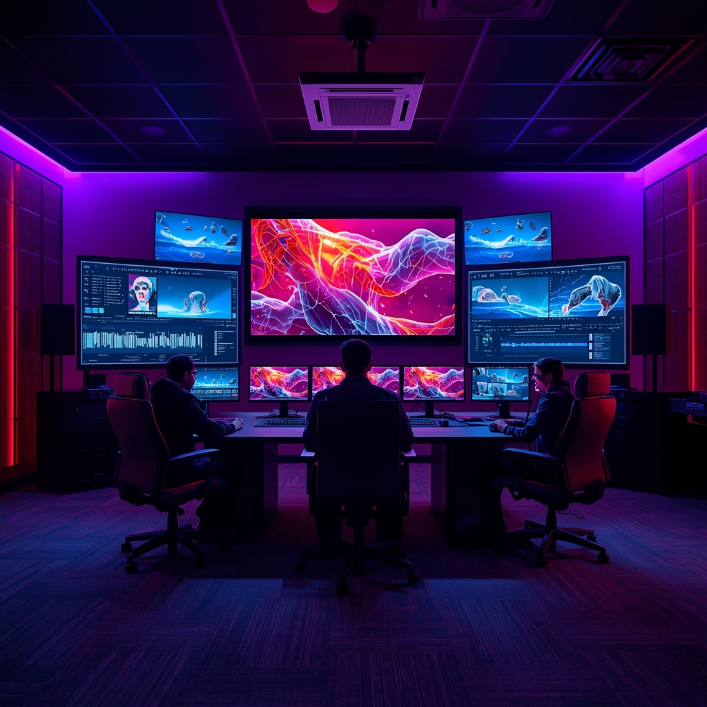 dynamic video editing suite with multiple screens displaying advanced AI tools, vibrant graphics, and a creative team engaging in video production, rich in color and detail, 8k quality