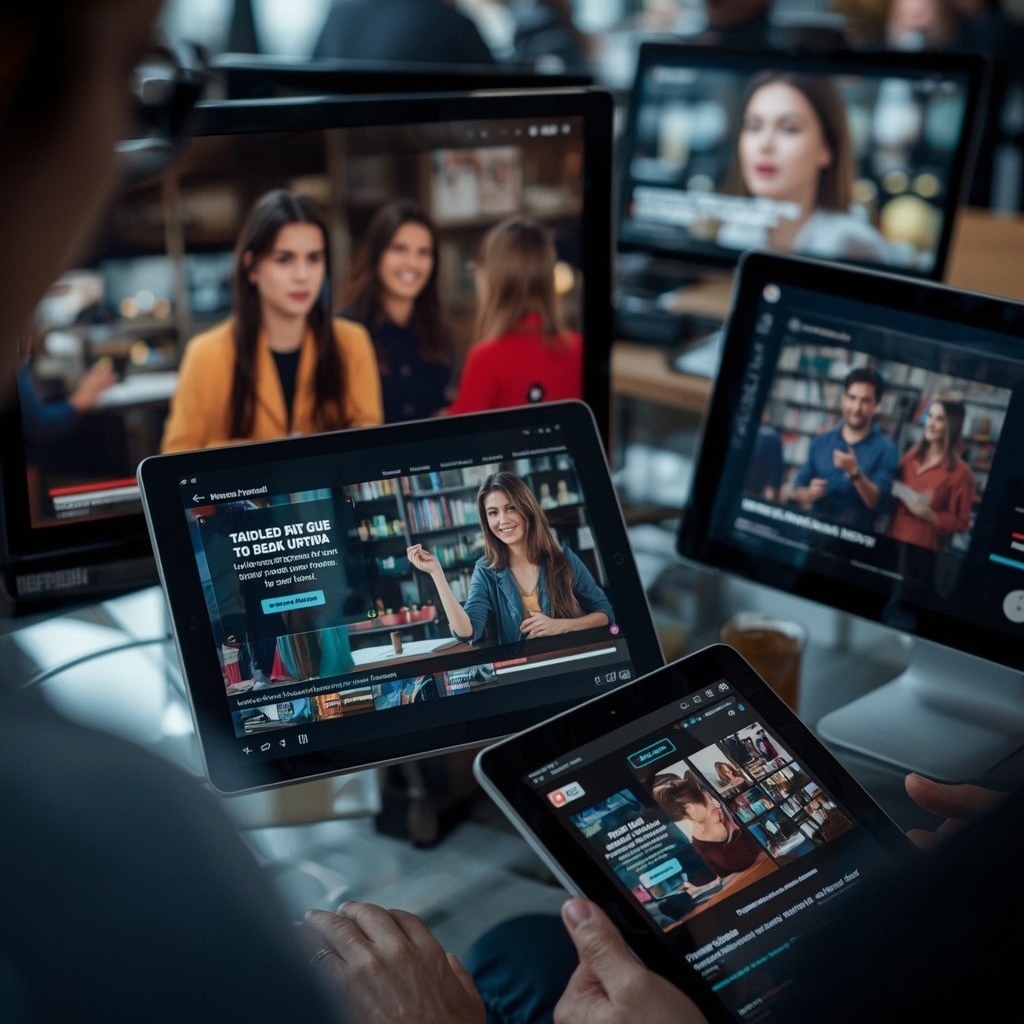 unlocking - engaging and personalized video content displayed on various devices, showing tailored ads with vibrant visuals,