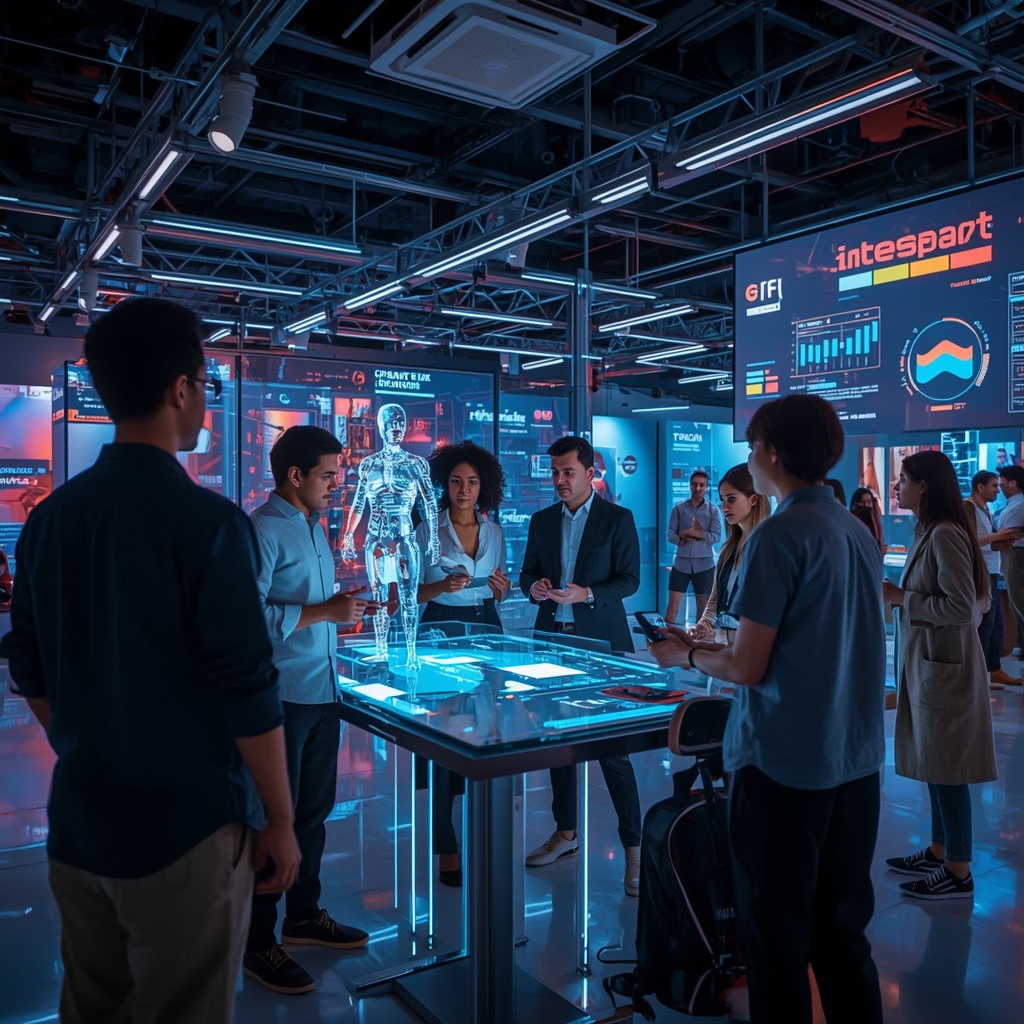 unlocking - futuristic brand storytelling scene with holographic displays and AI-driven analytics, showcasing a group of crea
