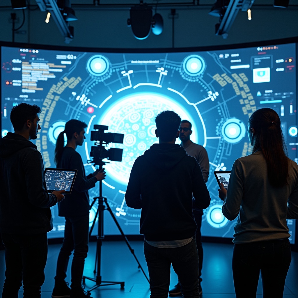 a dynamic film set with advanced AI technology in use, showing a diverse crew interacting with AI interfaces, high-tech screens displaying real-time generative effects, bright and modern atmosphere, ultra-high definition