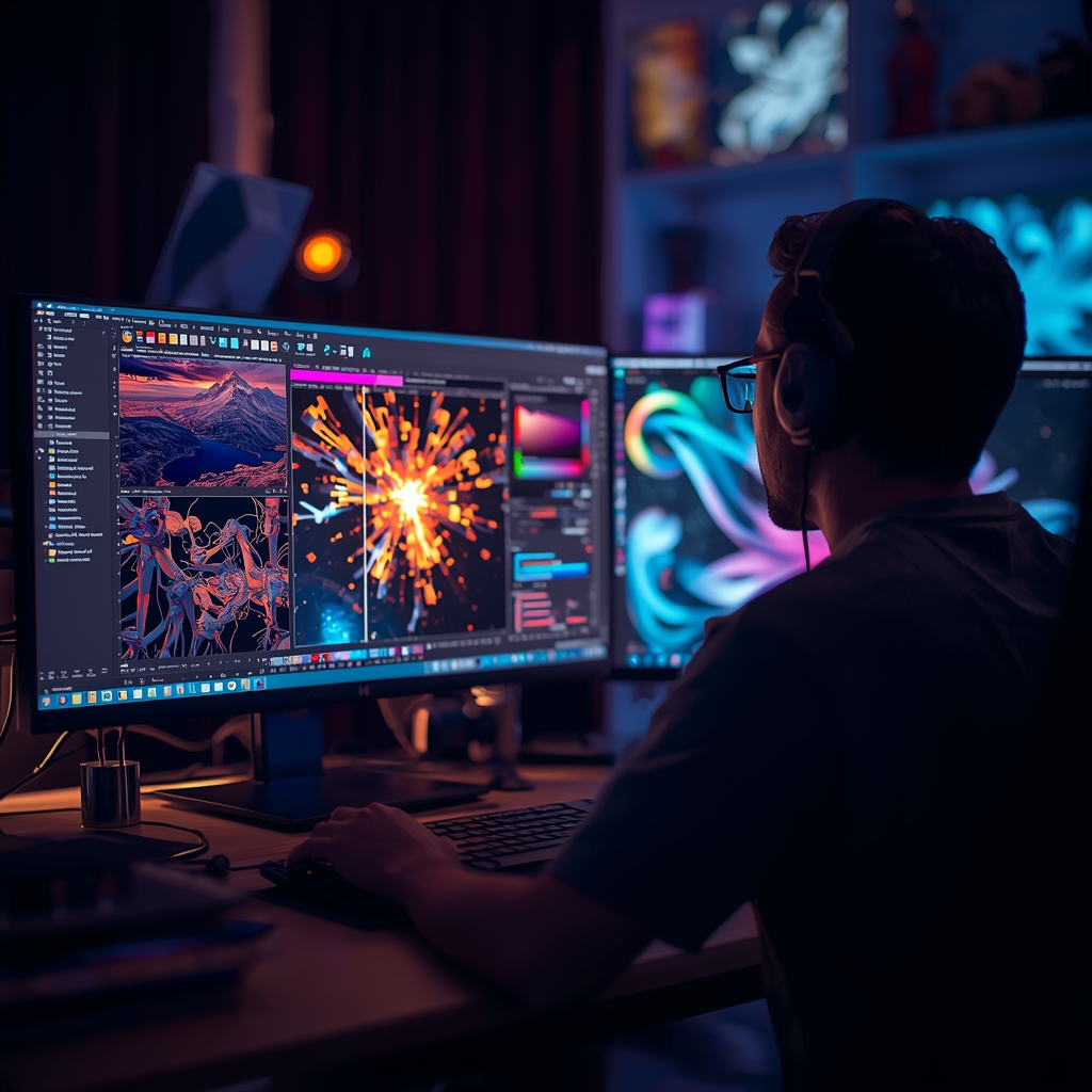 unlock - an artist using advanced AI tools on a computer to create stunning visual effects for a movie, featuring a detailed,