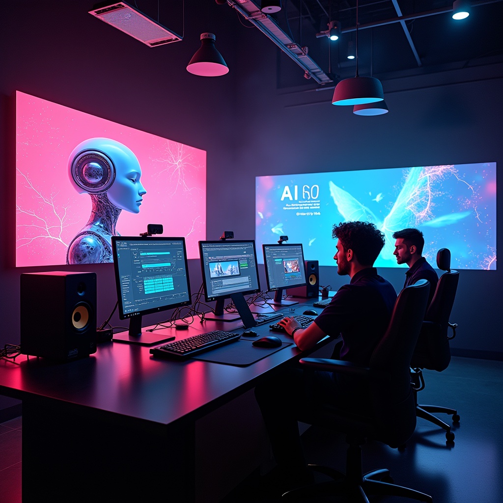 High-tech video production studio with large screens displaying AI-generated content, modern gadgets, and professionals using advanced video editing software, vibrant colors, futuristic design