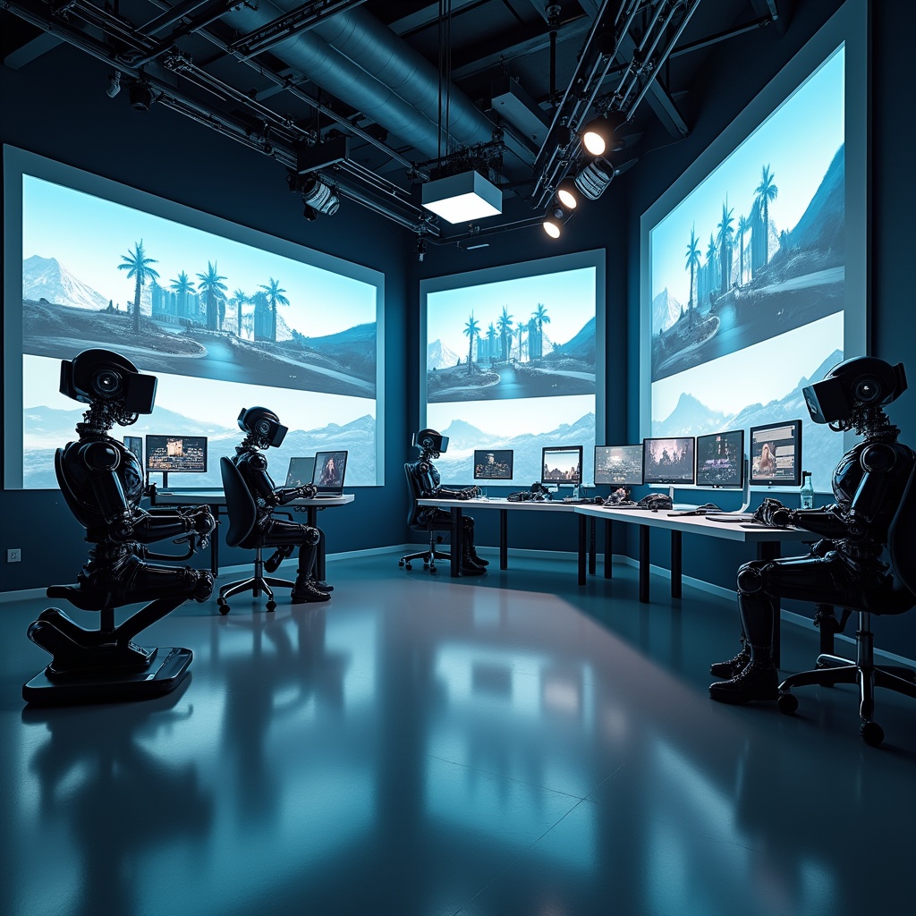 unlock - futuristic film production studio fully equipped with the latest AI technology, showcasing robots assisting in camer