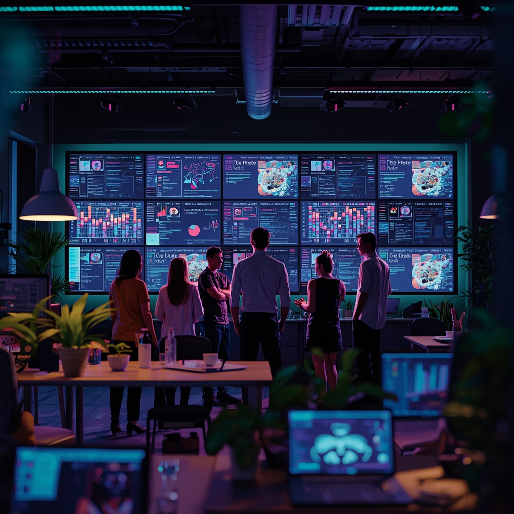 revolutionizing - Creative team brainstorming in a modern office filled with digital screens displaying AI-generated visual c