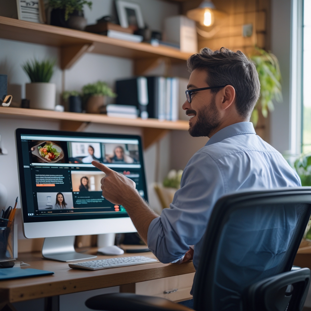 revolutionizing - Small business owner reviewing AI-generated video content on a computer in a cozy, well-lit home office, re
