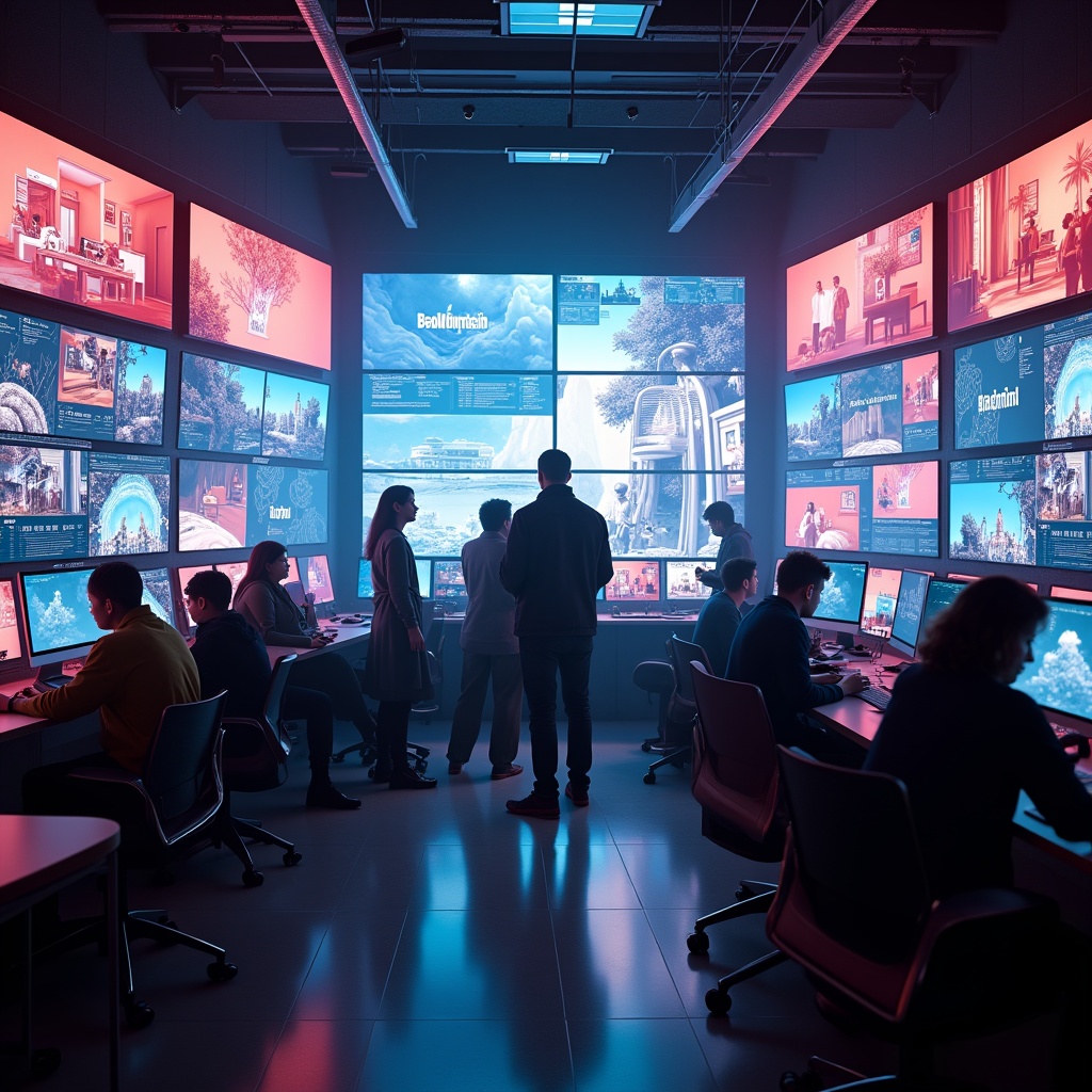 A bustling creative studio in 2026, filled with digital screens displaying AI-generated videos, diverse group of creators collaborating, vibrant and technology-driven atmosphere, ultra-realistic, high detail, 8k quality