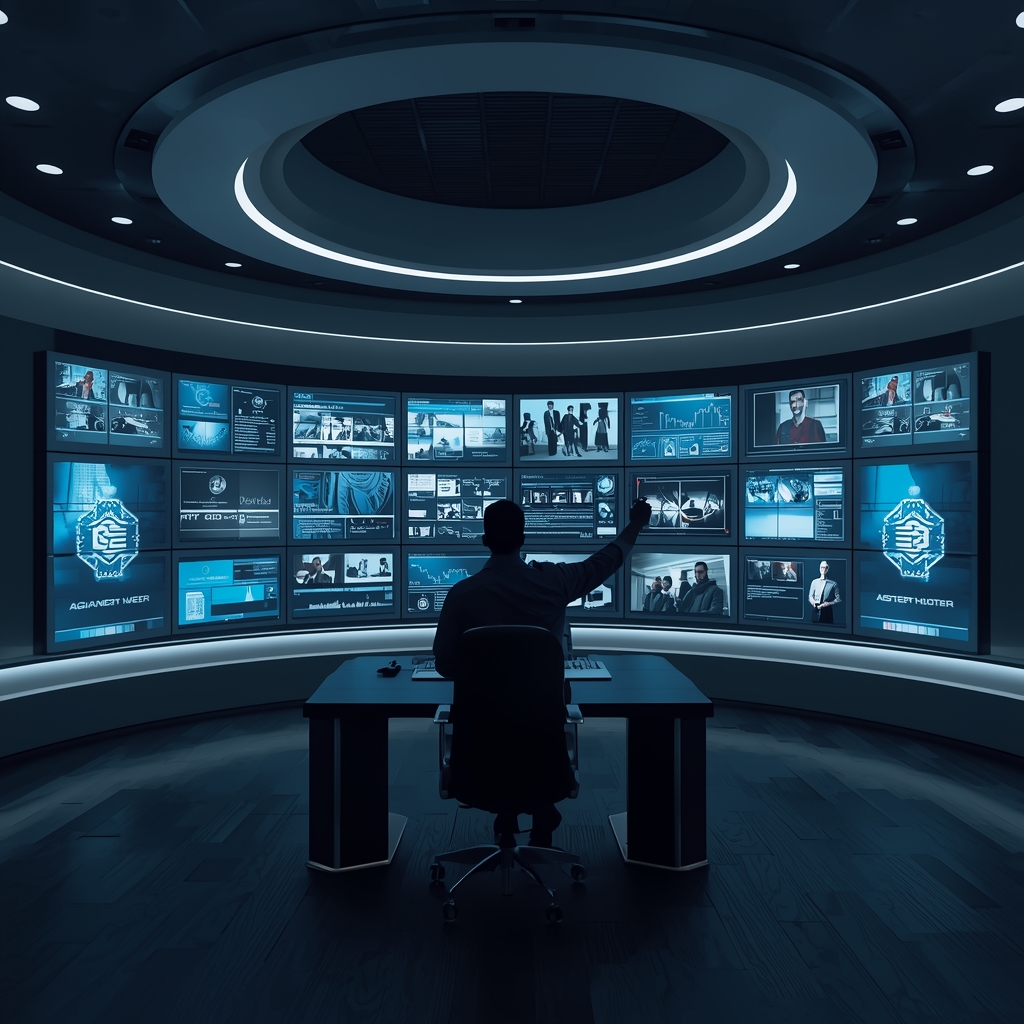 revolutionizing - Futuristic AI control room with large, curved screens displaying advanced video editing software, operators