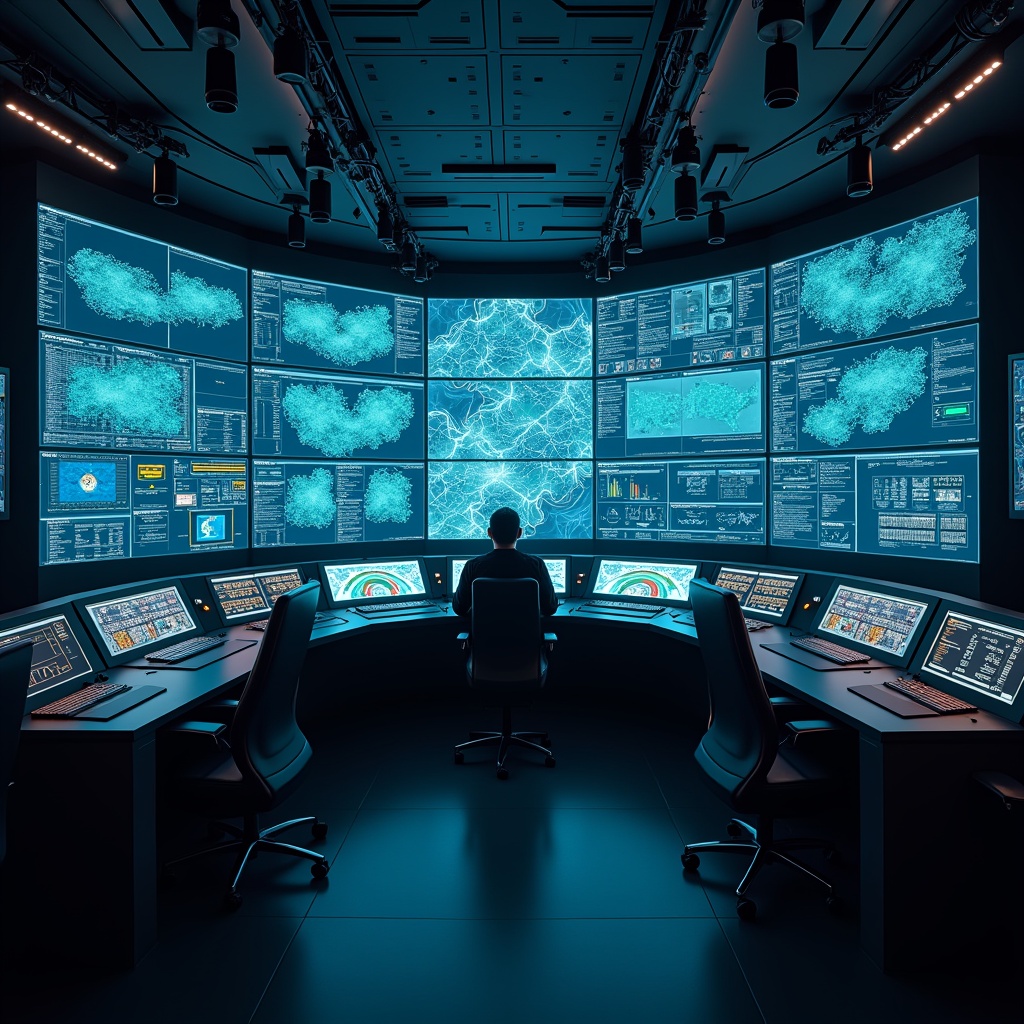 A futuristic control room with multiple screens displaying AI software analytics, vibrant neon blue and green lights, digital maps, and real-time content editing, showcasing a high-tech environment for AI video production