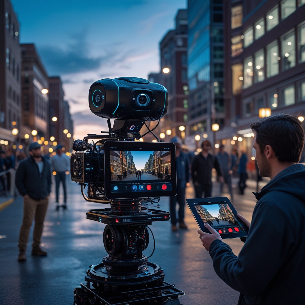 revolutionizing - Behind-the-scenes of a film set showing AI cameras autonomously capturing high-definition scenes, with crew