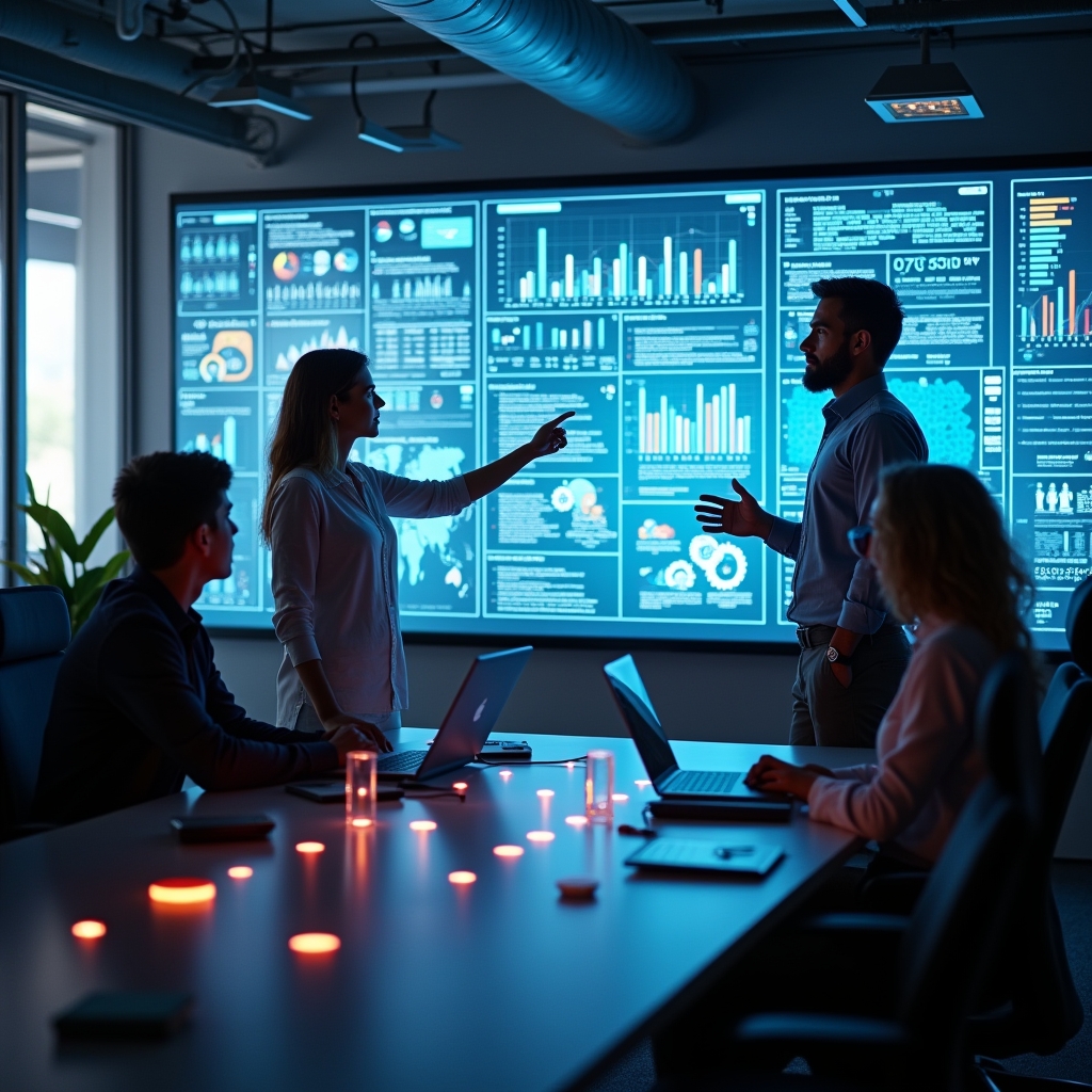 a vibrant digital marketing team brainstorming in a modern office, using futuristic AI tools on transparent touch screens, with dynamic graphs and cinematic AI-generated videos on display, bright and professional atmosphere