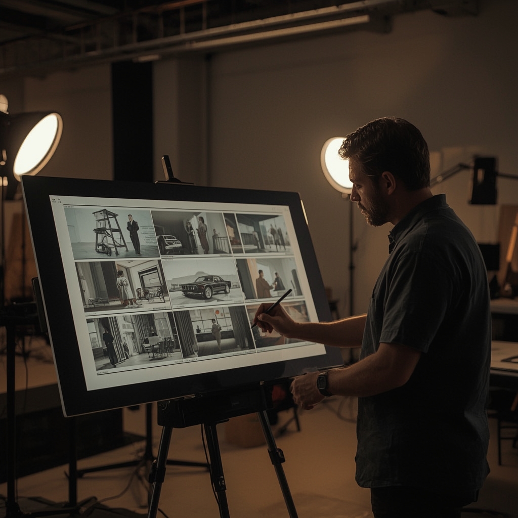 unlocking - an artist sketching out a storyboard that blends classical film techniques with AI-generated imagery, showing a s