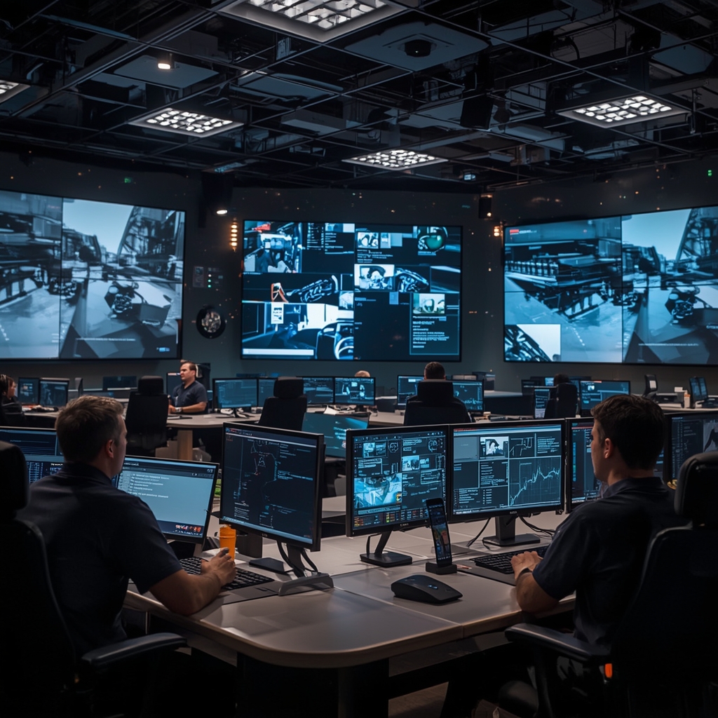 unlocking - futuristic control room with large screens displaying AI-generated videos, operators using advanced gestural inte