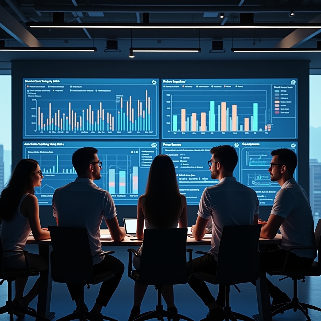 unlocking - a brand team reviewing engagement metrics on a large digital dashboard, showing real-time data and video analytic