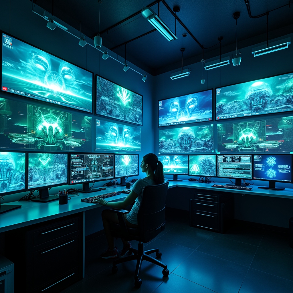 futuristic film studio with advanced AI-driven video editing suites, displaying multiple screens with real-time generative AI effects, vibrant neon blue and green lights, high-tech, ultra-modern atmosphere