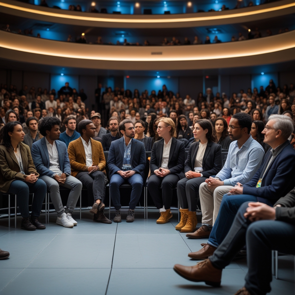 revolutionizing - panel discussion at a film festival focusing on ethical AI use, featuring diverse experts in modern, casual