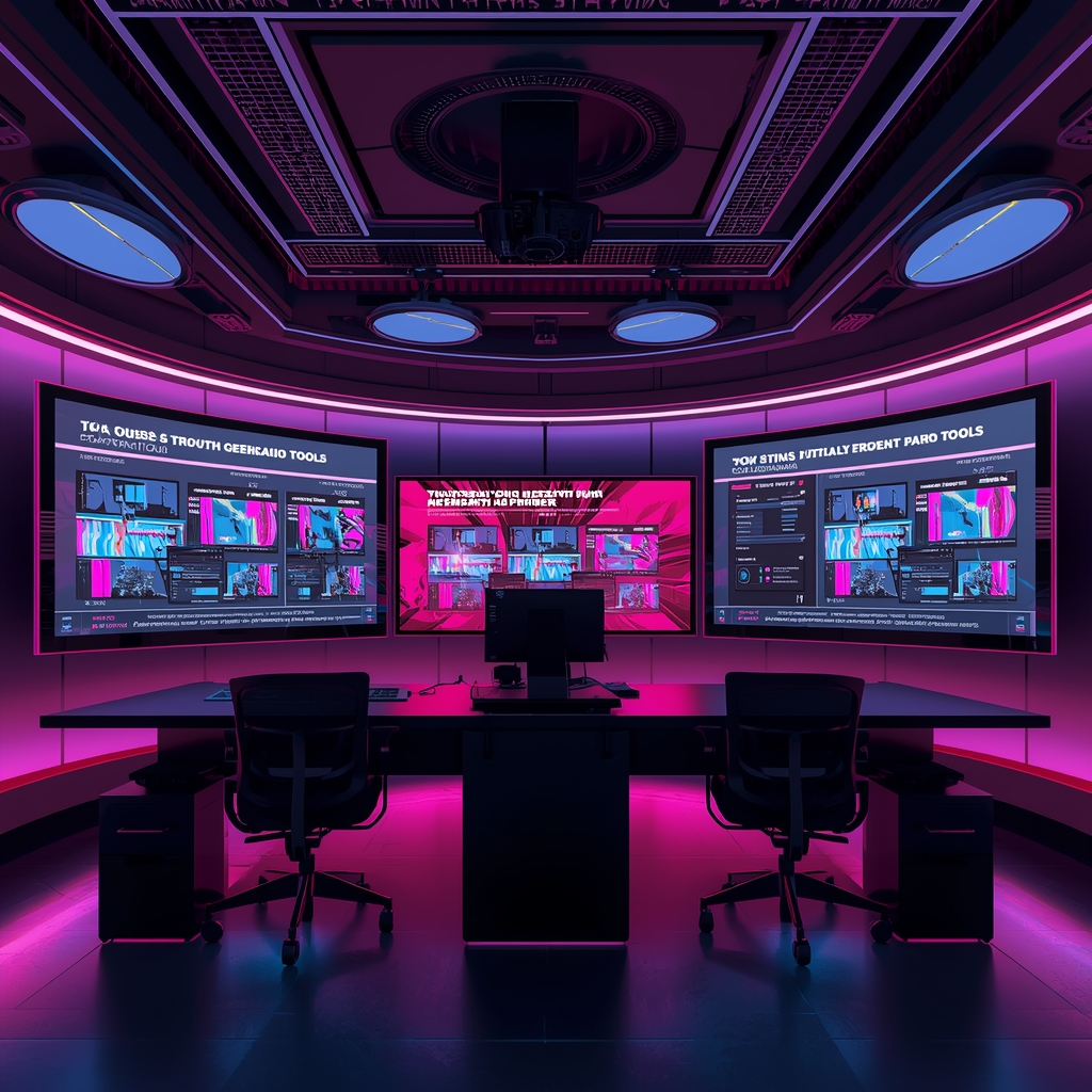 An AI video production studio showcasing advanced generative AI tools, screens displaying 3D animated graphics being morphed from texts and images, vibrant colors, modern sleek design, high-tech environment