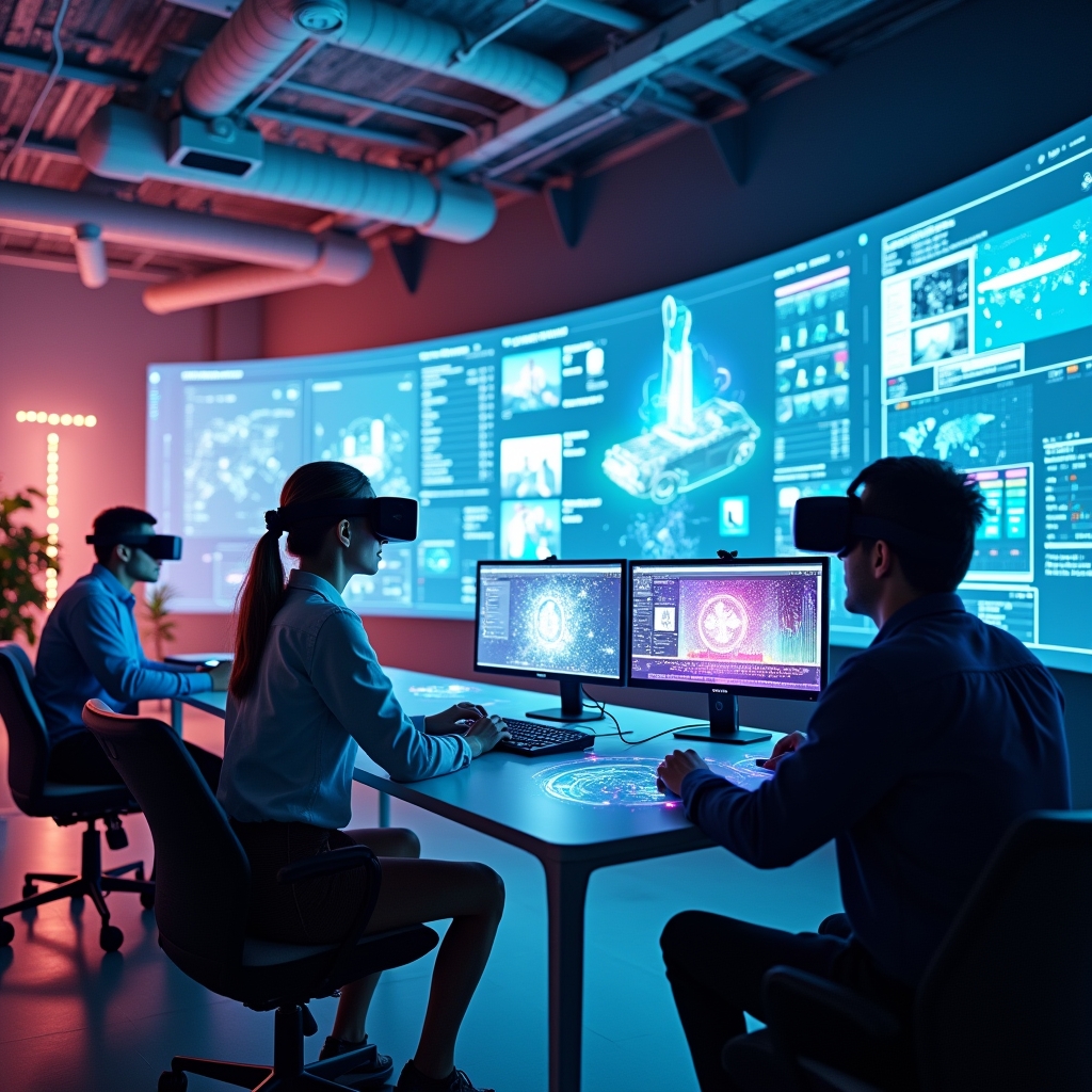 AI-generated video production studio showcasing advanced editing software, holographic displays with interactive AI interfaces, professionals using virtual reality to manipulate video elements, vibrant, futuristic, highly detailed, 8k quality