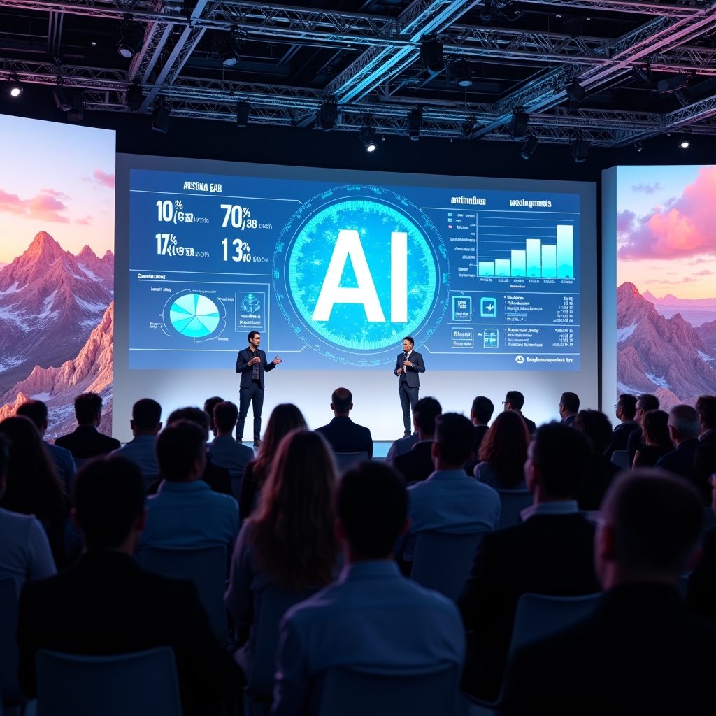 unlock - Futuristic brand storytelling conference, professionals discussing next-gen AI video tools, large digital screens di