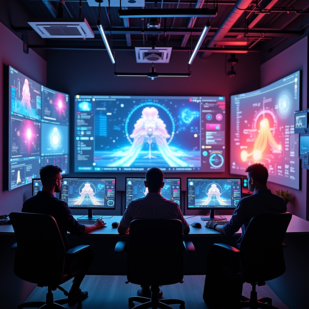 A high-tech video production studio with advanced AI interfaces on screens showing real-time editing and 3D modeling, vibrant colors, a modern, sleek design, and professionals working attentively