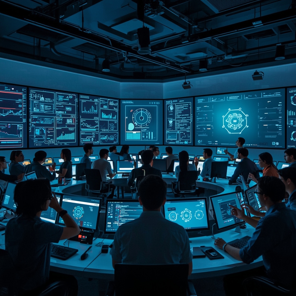 revolutionizing - Futuristic control room with multiple holographic displays showing AI analytics, a diverse team of creators