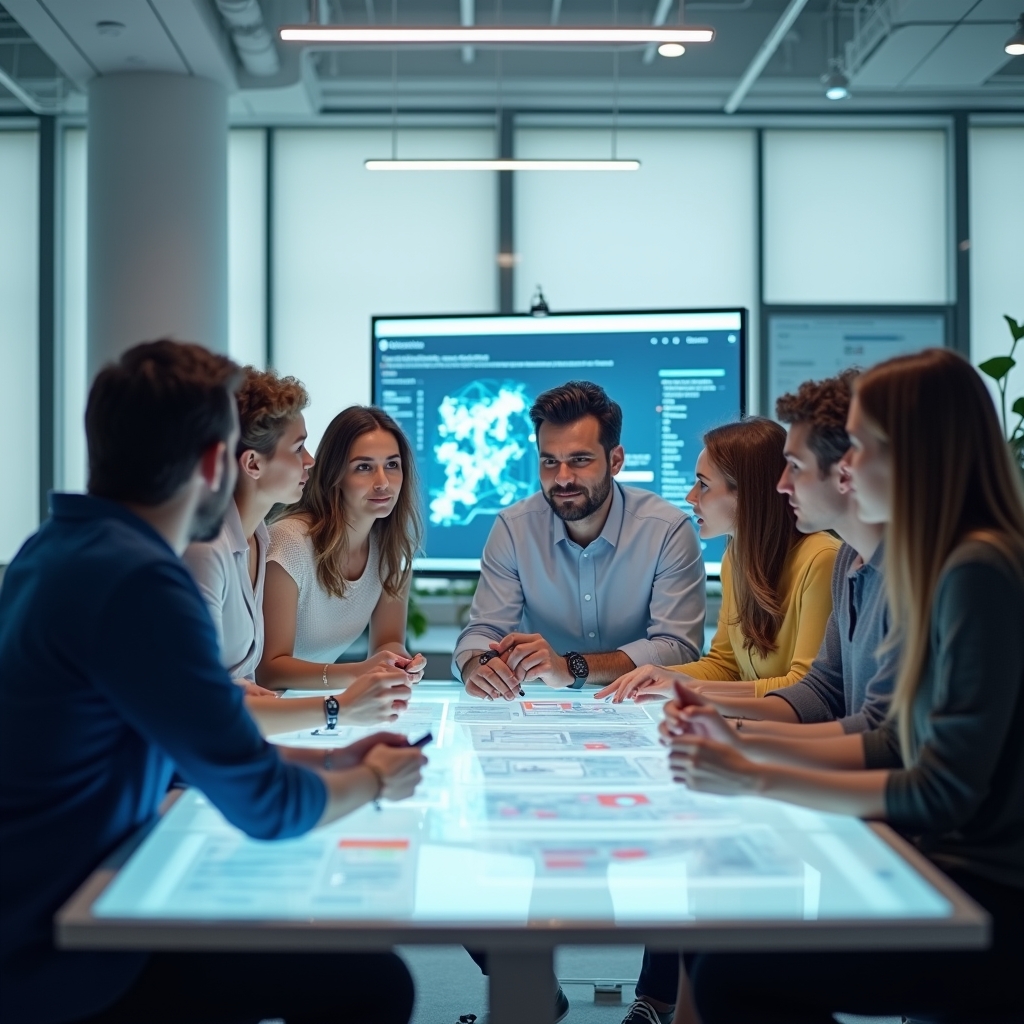 revolutionizing - A group of creative professionals brainstorming around a digital table with AI-generated content previews,