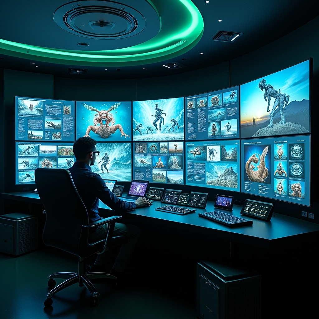 futuristic control room with multiple screens displaying AI-generated videos, showcasing diverse, dynamic content; cool blue and neon green lighting, high-tech, ultra-modern atmosphere