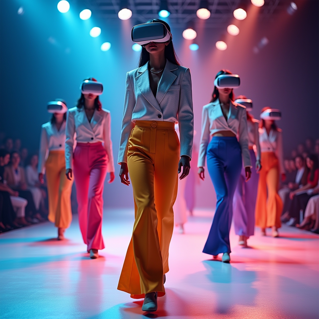 revolutionize - virtual reality simulation of a fashion show with AI-generated models wearing customizable outfits, vibrant a