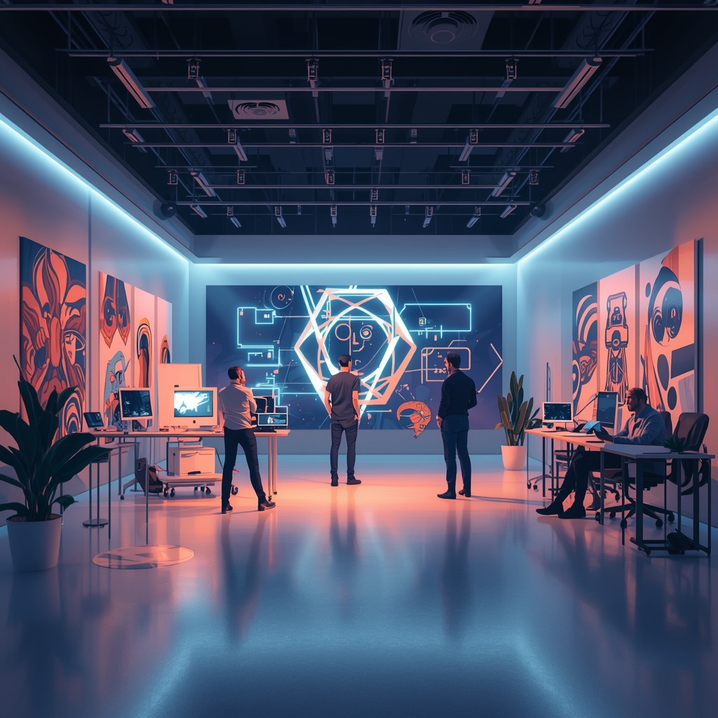 revolutionize - high-tech studio with advanced AI video generation tools, featuring artists and engineers collaborating on in