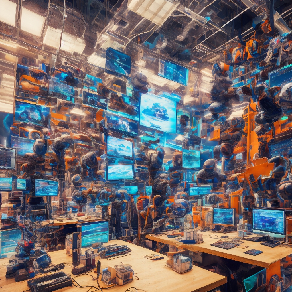 a creative studio filled with high-tech screens displaying AI video editing software, vibrant, modern, colorful, featuring diverse creators collaborating