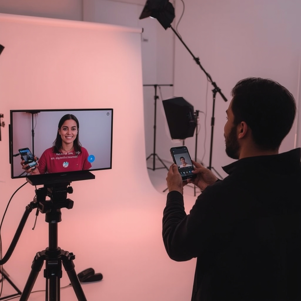 unlock - influencer recording a personalized video in a well-lit studio, engaging with AI-driven prompts on a screen, modern