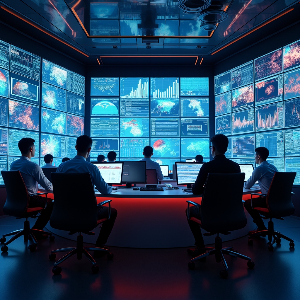 Futuristic control room with multiple screens displaying AI video analytics, vibrant colors, busy professionals analyzing data, high-tech environment, ultra-realistic, 8k quality