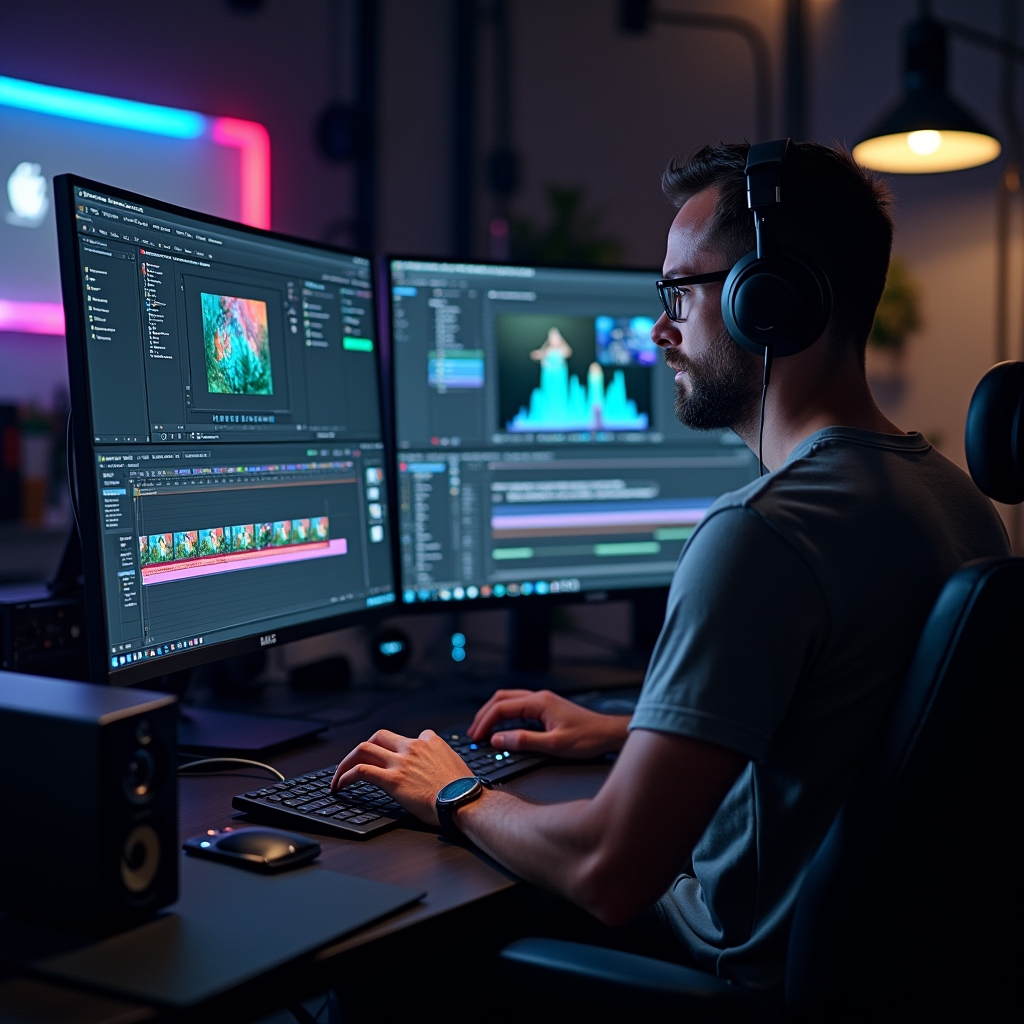 unlocking - An editor working on AI video editing software, showing advanced editing tools and color grading options on dual
