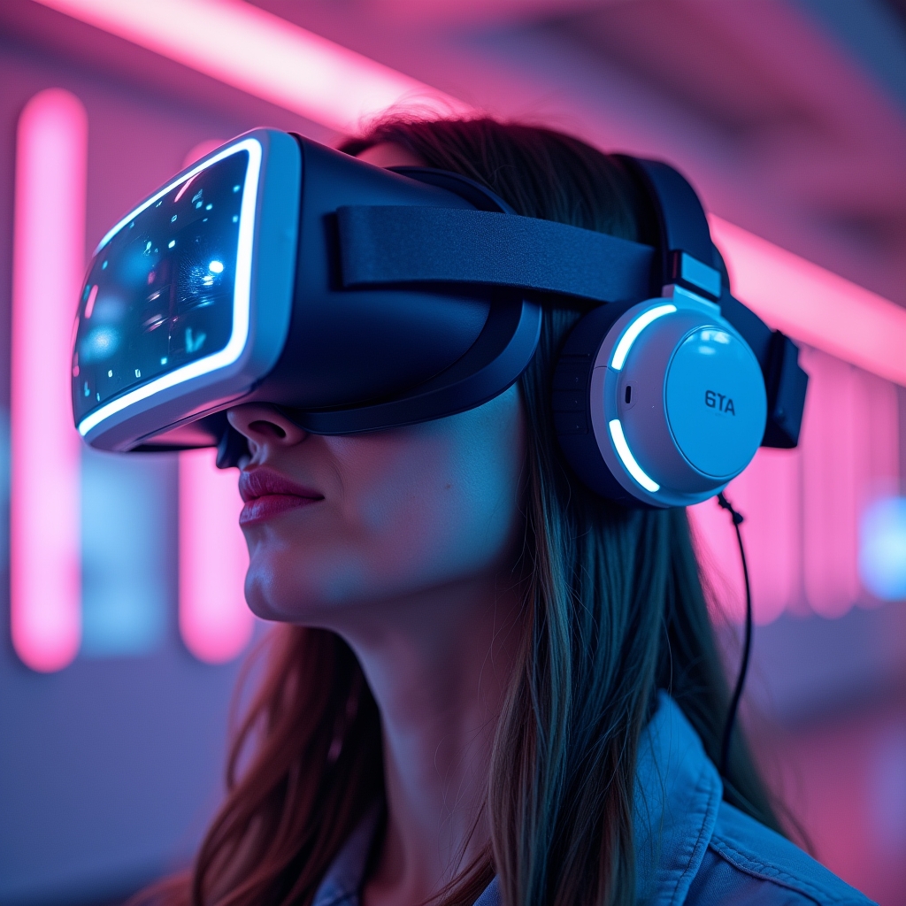 unlocking - Virtual reality experience being crafted using AI, with a user wearing VR goggles immersed in a digitally created