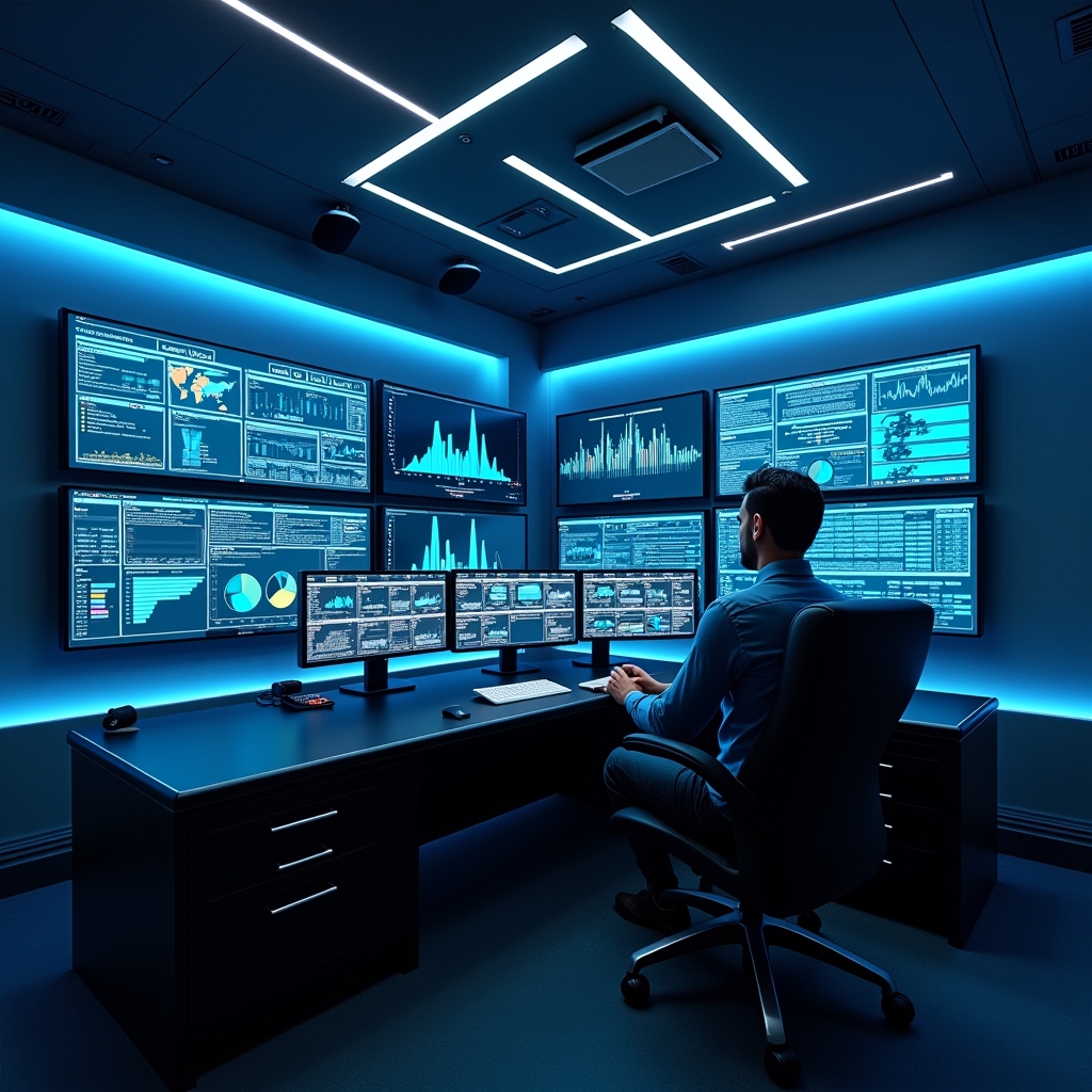 futuristic video editing suite with multiple screens displaying AI tools in action, dynamic graphs showing real-time data analysis, sleek, modern design with ambient blue lighting